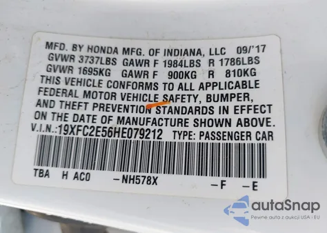 2017 Honda Civic Lx from USA, damaged, VIN 19XFC2E56HE079212